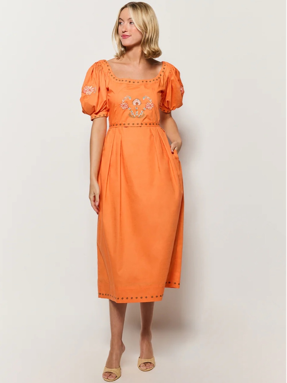 Fanm Mon Braga Midi Dress Small NWT Floral Embroidered Puff Pouf Sleeve Orange